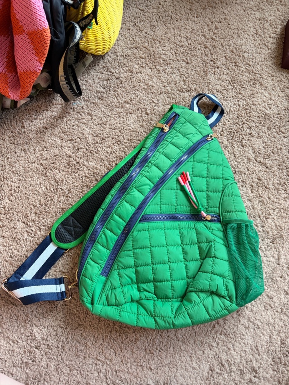 Green Quilted Sling Bag with Blue Trim
